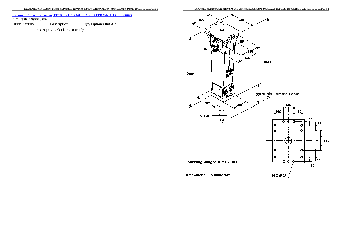 JPB3600V HYDRAULIC BREAKER S/N ALL Partsbook