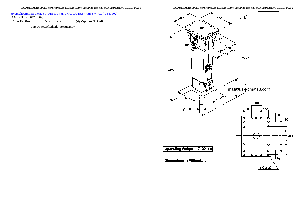 JPB5000V HYDRAULIC BREAKER S/N ALL Partsbook