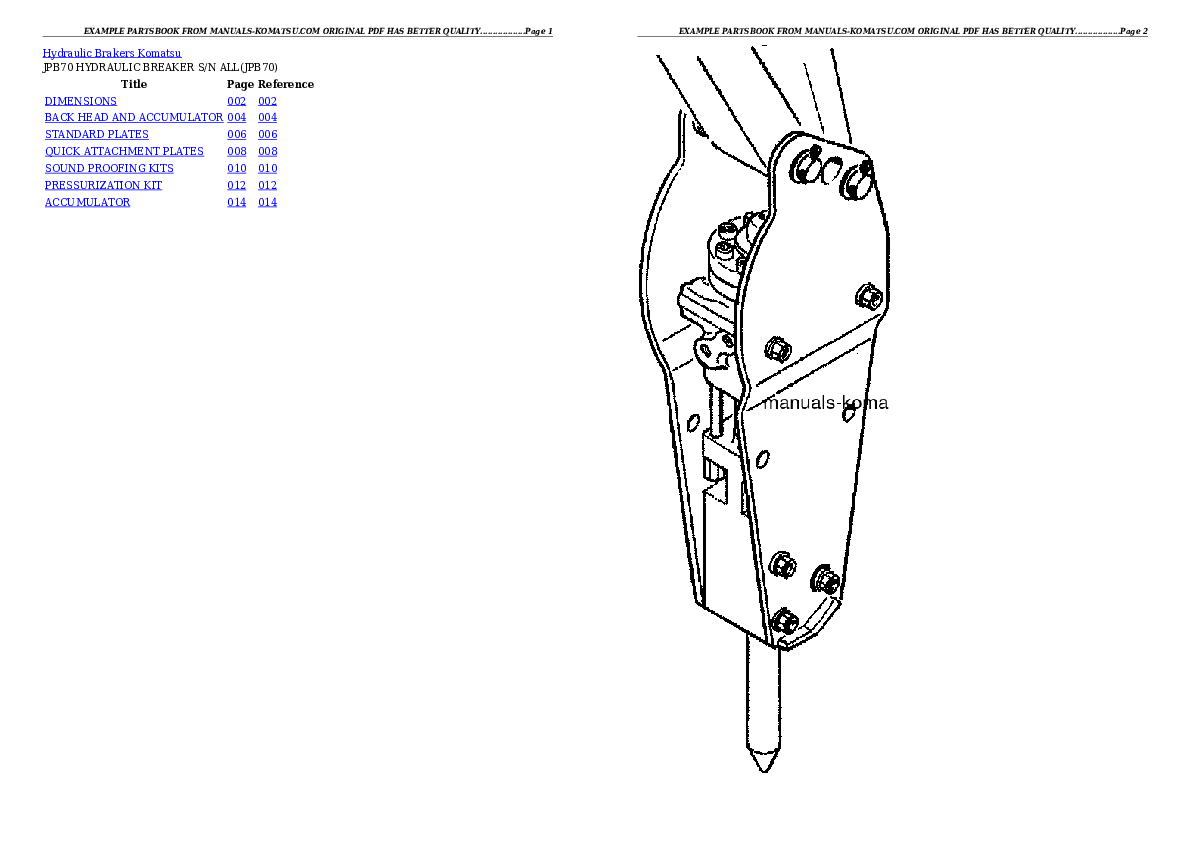 JPB70 HYDRAULIC BREAKER S/N ALL Partsbook
