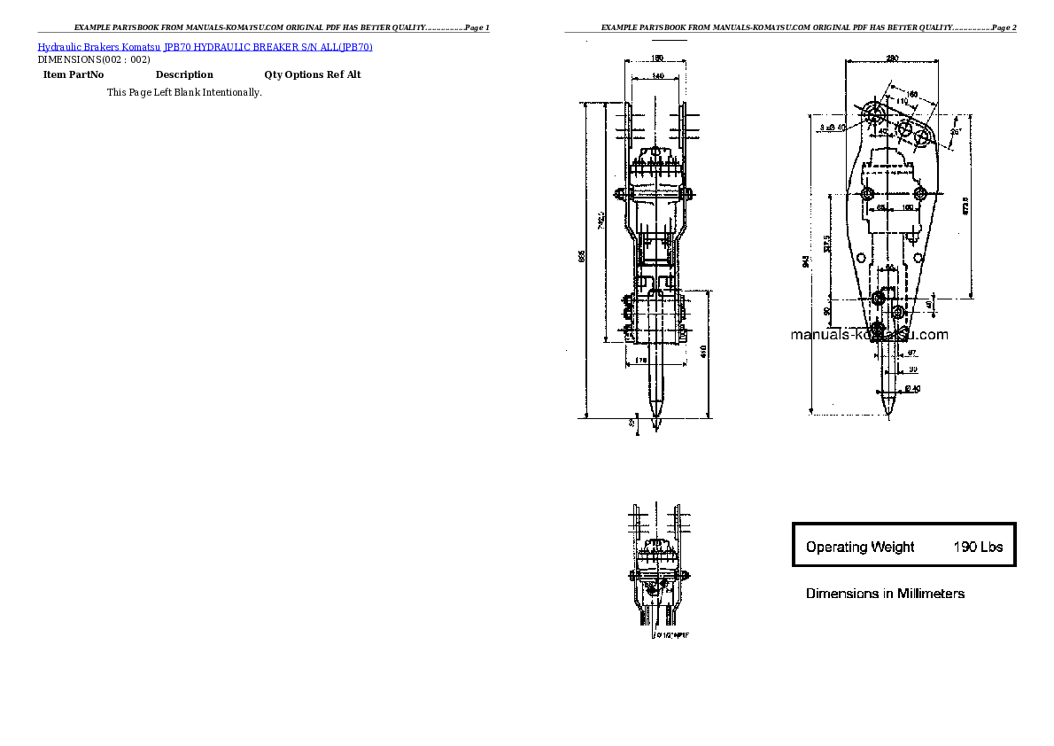 JPB70 HYDRAULIC BREAKER S/N ALL Partsbook