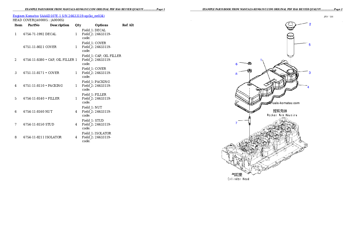 SAA4D107E-1 S/N 26633119-up Partsbook