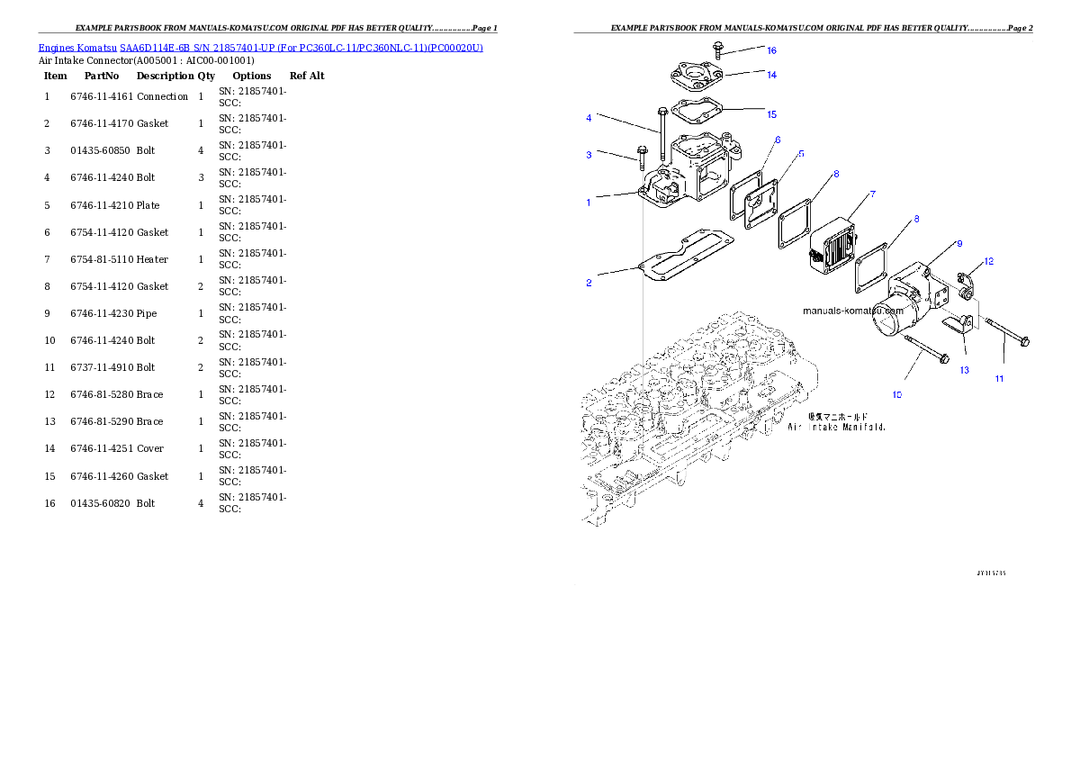 Protected: SAA6D114E-6B S/N 21857401-UP (For PC360LC-11/PC360NLC-11) Partsbook