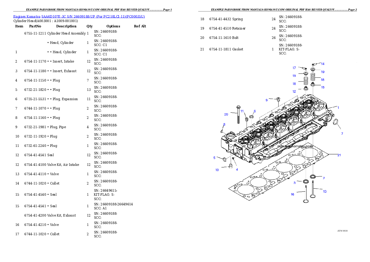 SAA6D107E-3C S/N 26609188-UP (For PC210LCI-11) Partsbook