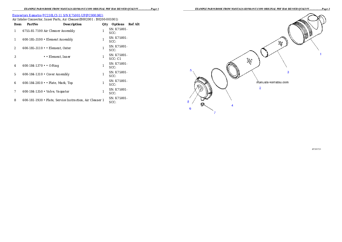 PC210LCI-11 S/N K75001-UP Partsbook