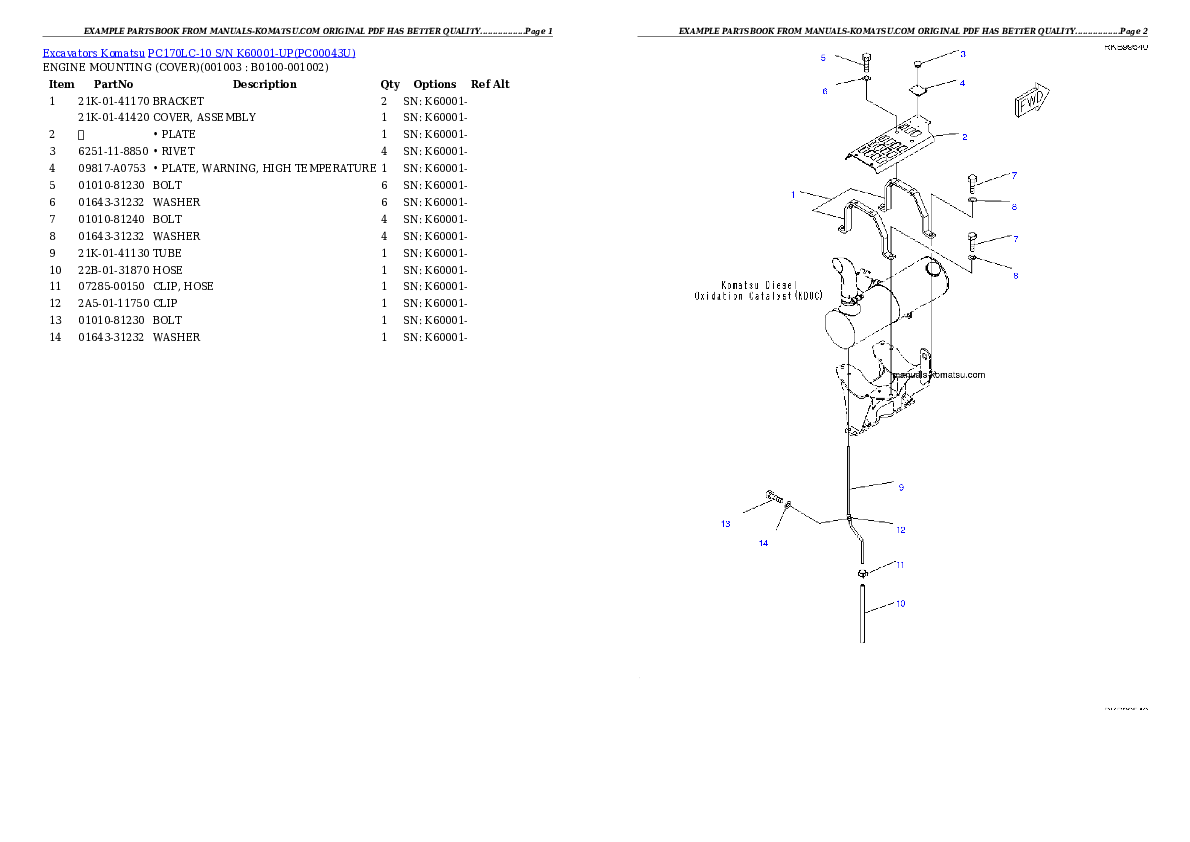 PC170LC-10 S/N K60001-UP Partsbook