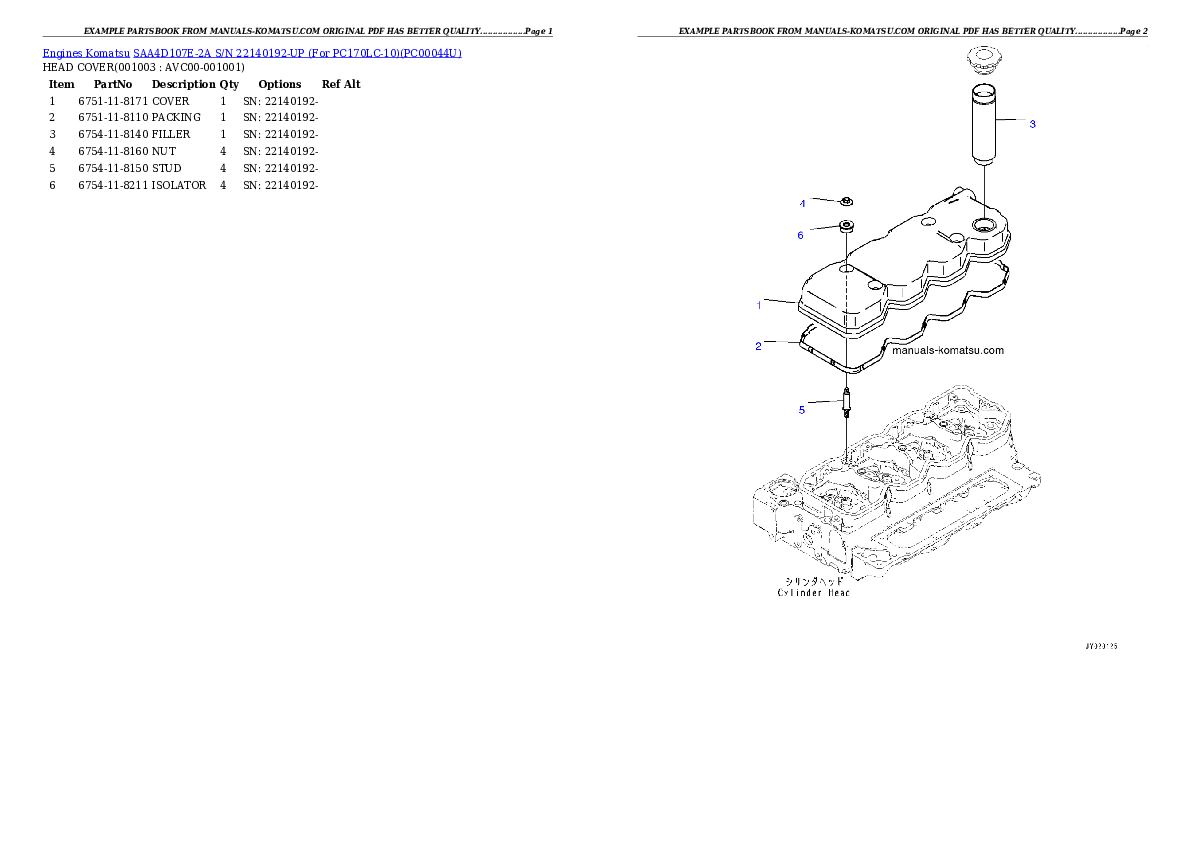 SAA4D107E-2A S/N 22140192-UP (For PC170LC-10) Partsbook