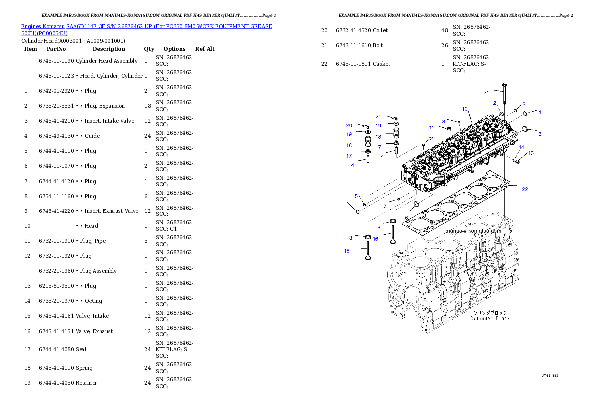 SAA6D114E-3F S/N 26876462-UP (For PC350-8M0 WORK EQUIPMENT GREASE 500H) Partsbook