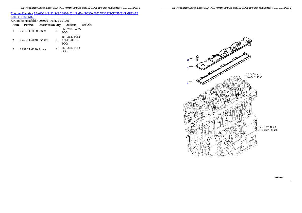 Protected: SAA6D114E-3F S/N 26876462-UP (For PC350-8M0 WORK EQUIPMENT GREASE 500H) Partsbook
