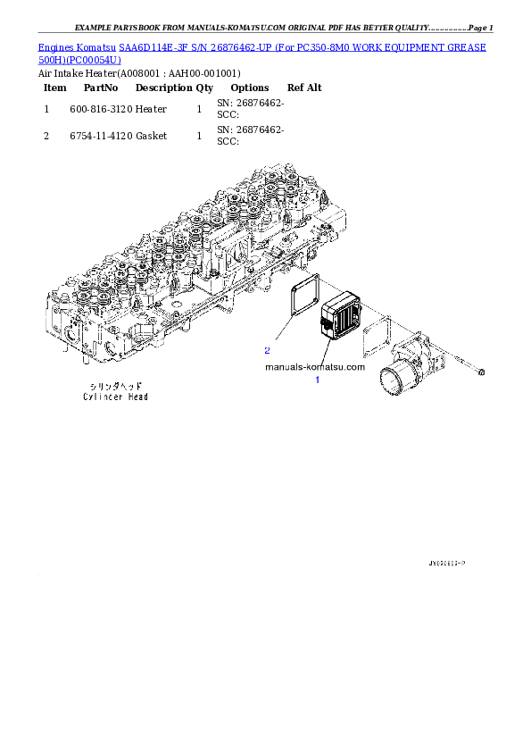 Protected: SAA6D114E-3F S/N 26876462-UP (For PC350-8M0 WORK EQUIPMENT GREASE 500H) Partsbook