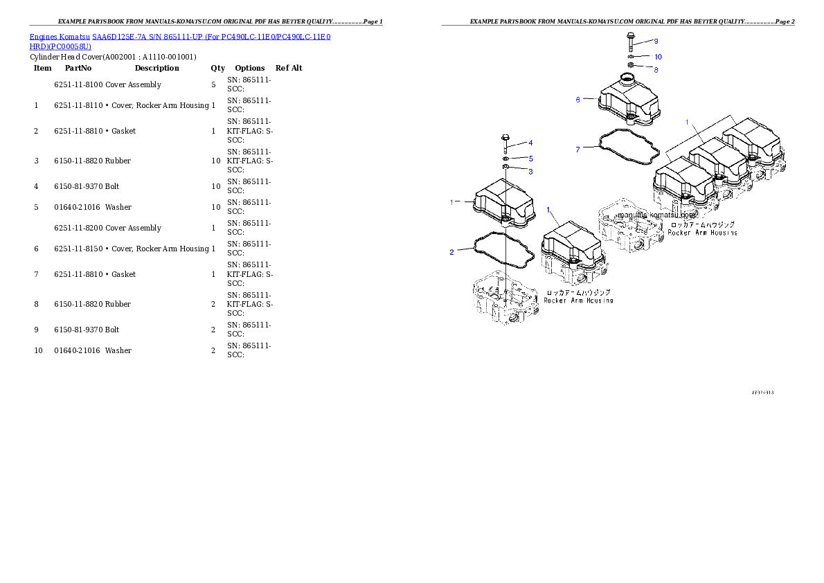 SAA6D125E-7A S/N 865111-UP (For PC490LC-11E0/PC490LC-11E0 HRD) Partsbook