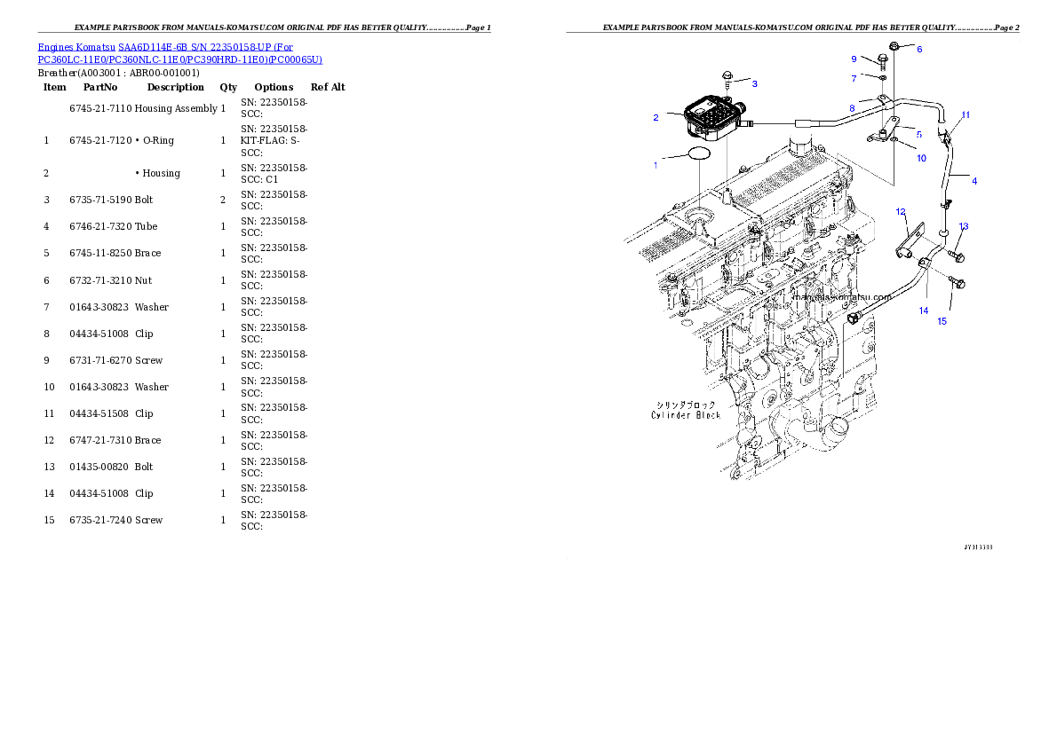 SAA6D114E-6B S/N 22350158-UP (For PC360LC-11E0/PC360NLC-11E0/PC390HRD-11E0) Partsbook