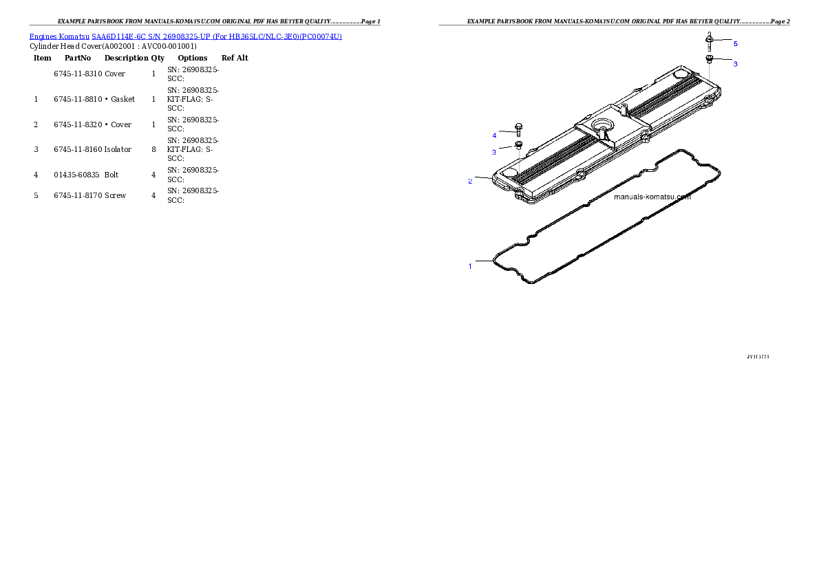 SAA6D114E-6C S/N 26908325-UP (For HB365LC/NLC-3E0) Partsbook
