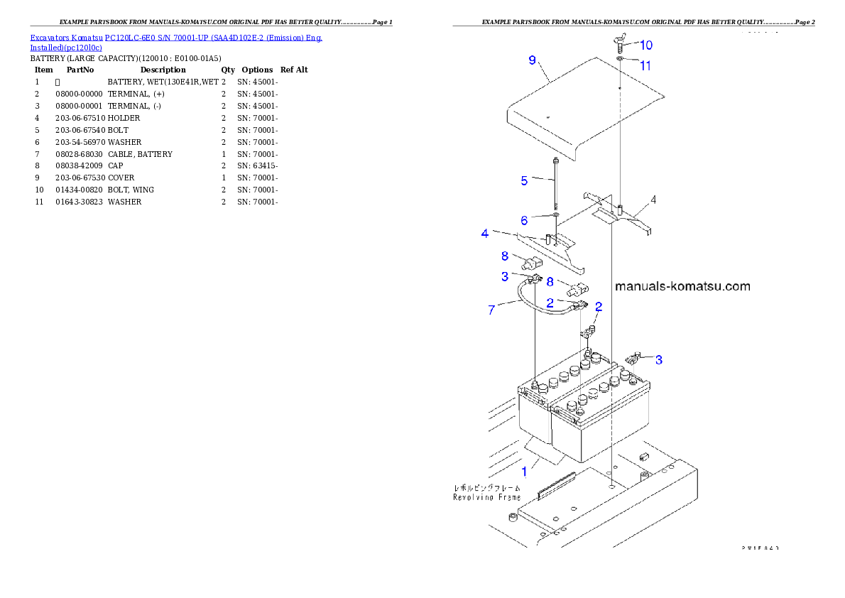 Protected: PC120LC-6E0 S/N 70001-UP (SAA4D102E-2 (Emission) Eng. Installed) Partsbook