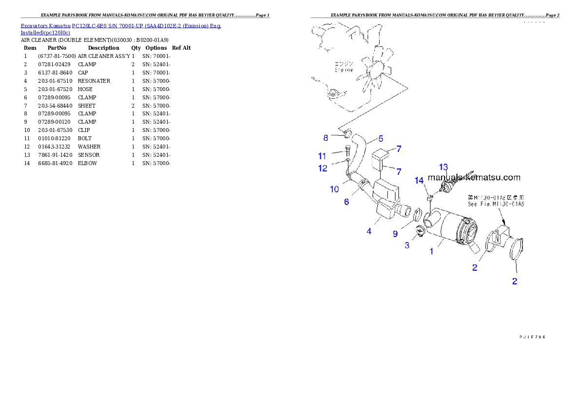 PC120LC-6E0 S/N 70001-UP (SAA4D102E-2 (Emission) Eng. Installed) Partsbook