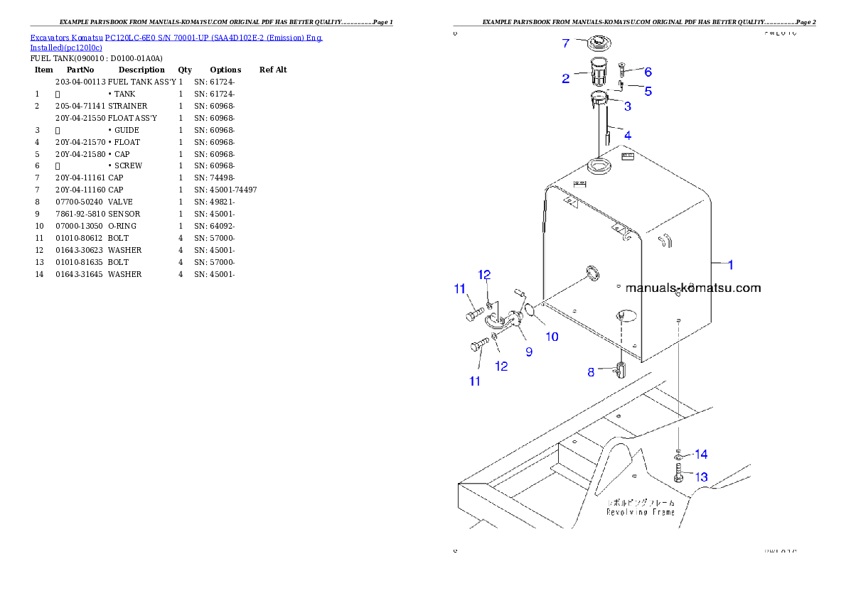 Protected: PC120LC-6E0 S/N 70001-UP (SAA4D102E-2 (Emission) Eng. Installed) Partsbook