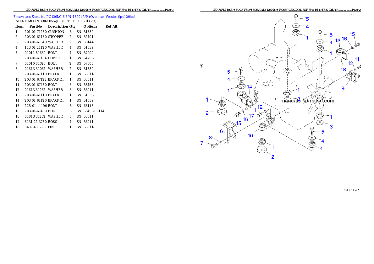 PC120LC-6 S/N 45001-UP (Overseas Version) Partsbook