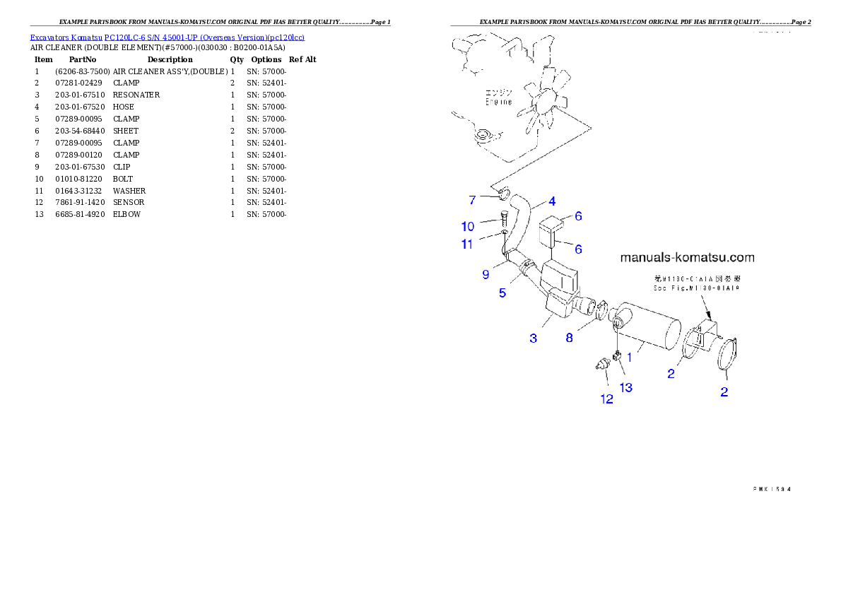 PC120LC-6 S/N 45001-UP (Overseas Version) Partsbook