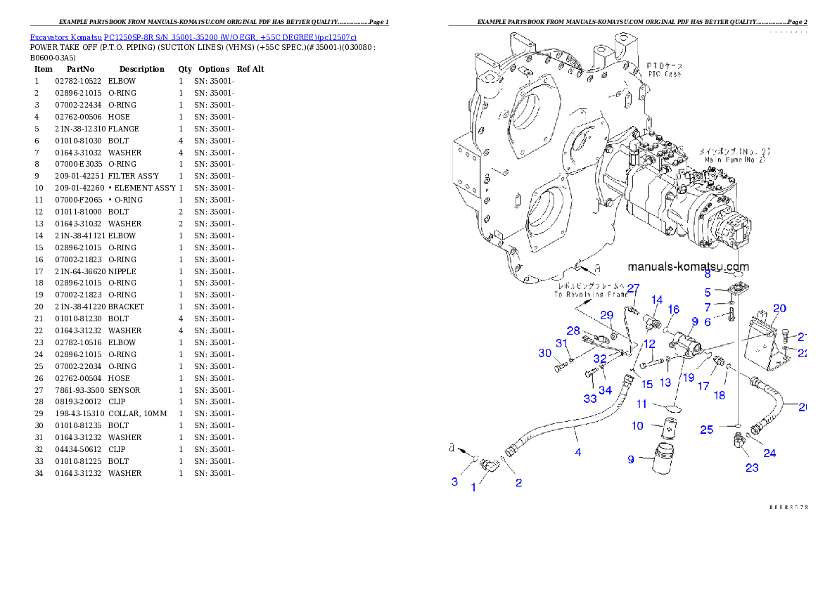 Protected: PC1250SP-8R S/N 35001-35200 (W/O EGR, +55C DEGREE) Partsbook