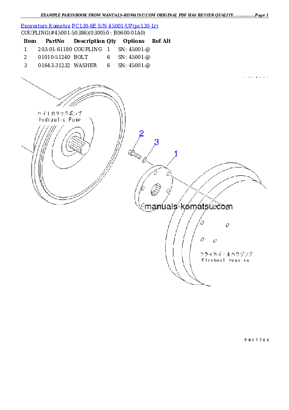 Protected: PC130-6E S/N 45001-UP Partsbook
