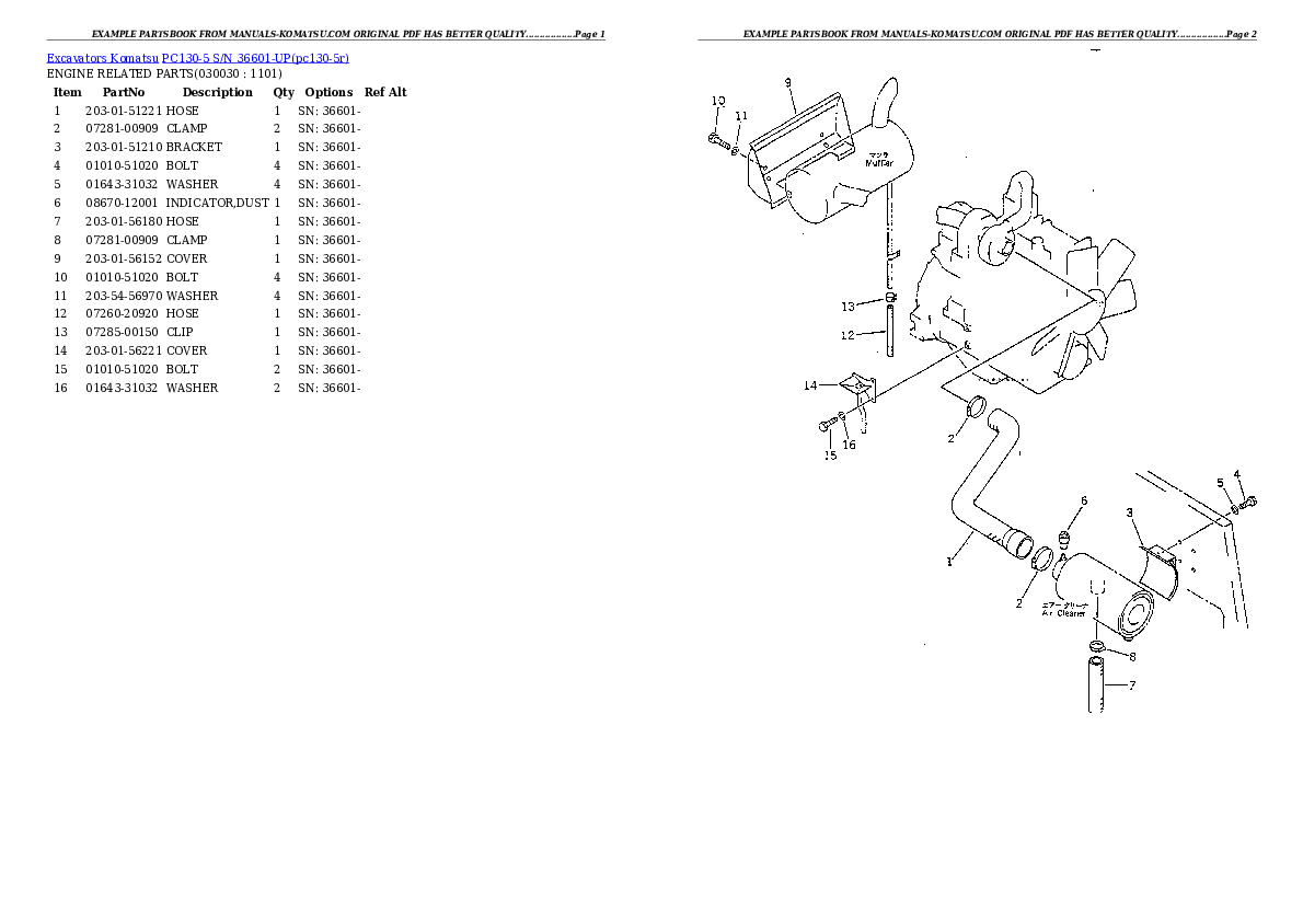 PC130-5 S/N 36601-UP Partsbook