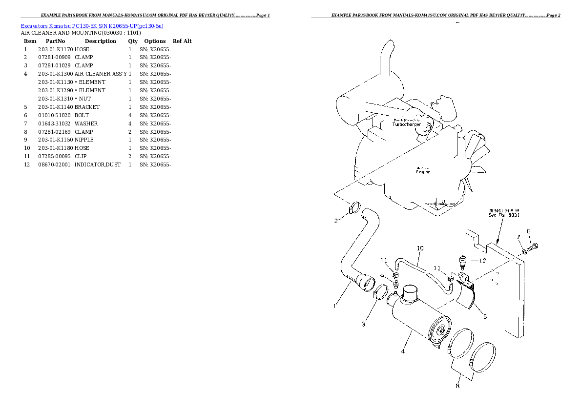 PC130-5K S/N K20655-UP Partsbook