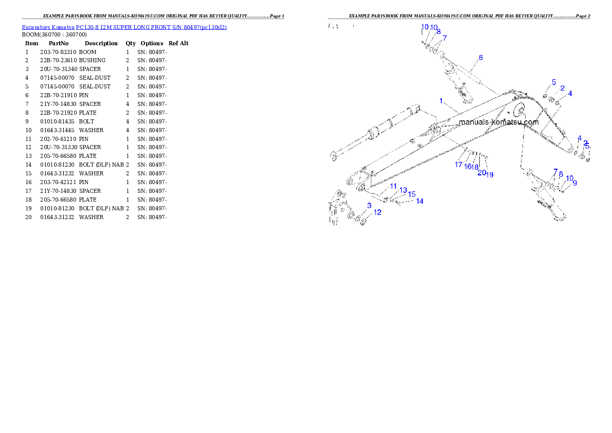 PC130-8 12M SUPER LONG FRONT S/N 80497 Partsbook
