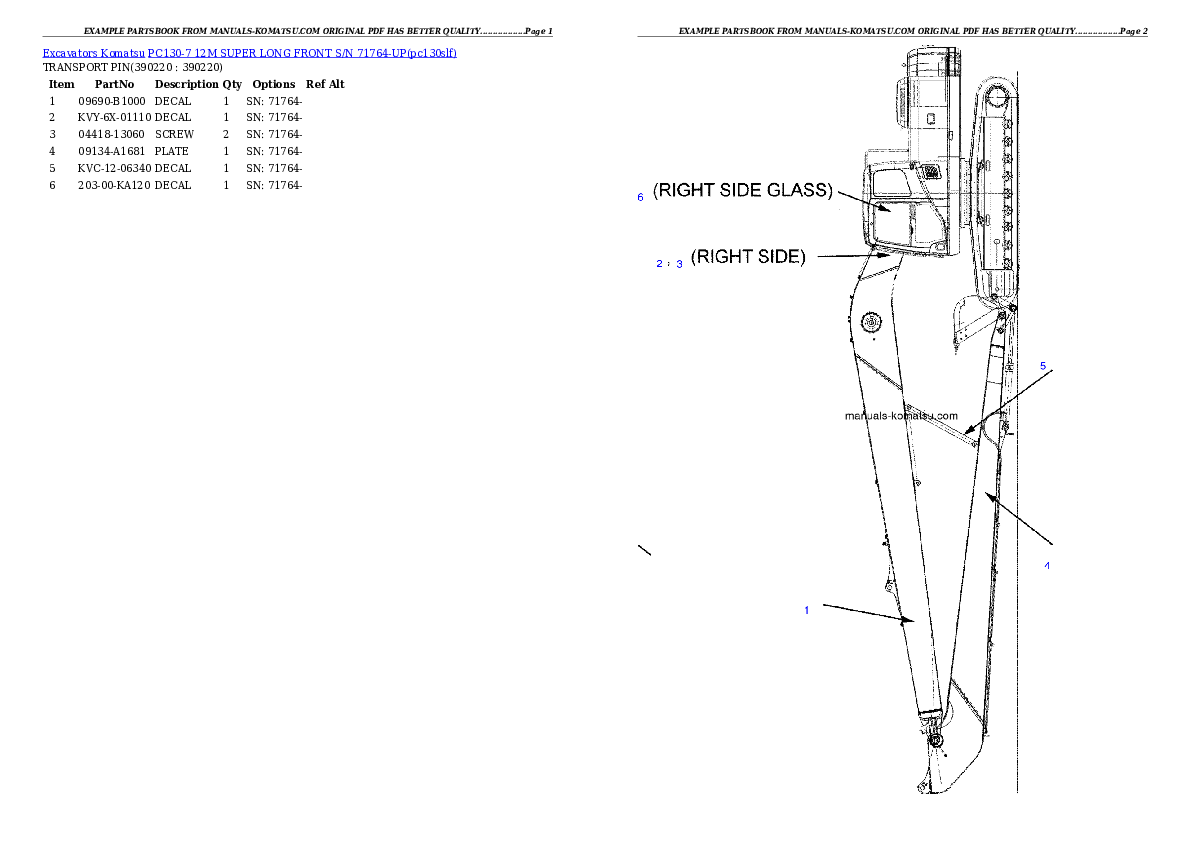 Protected: PC130-7 12M SUPER LONG FRONT S/N 71764-UP Partsbook