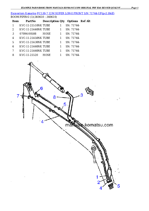 Protected: PC130-7 12M SUPER LONG FRONT S/N 71764-UP Partsbook