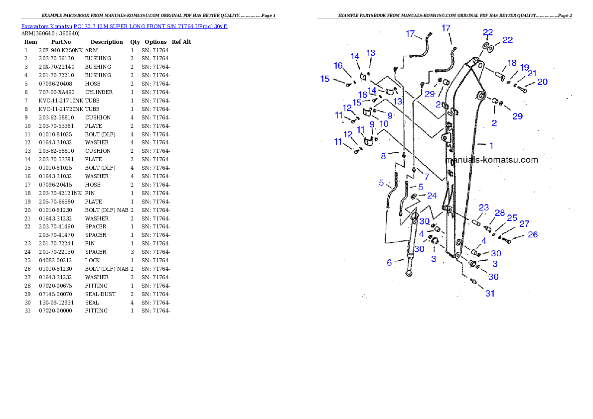 Protected: PC130-7 12M SUPER LONG FRONT S/N 71764-UP Partsbook