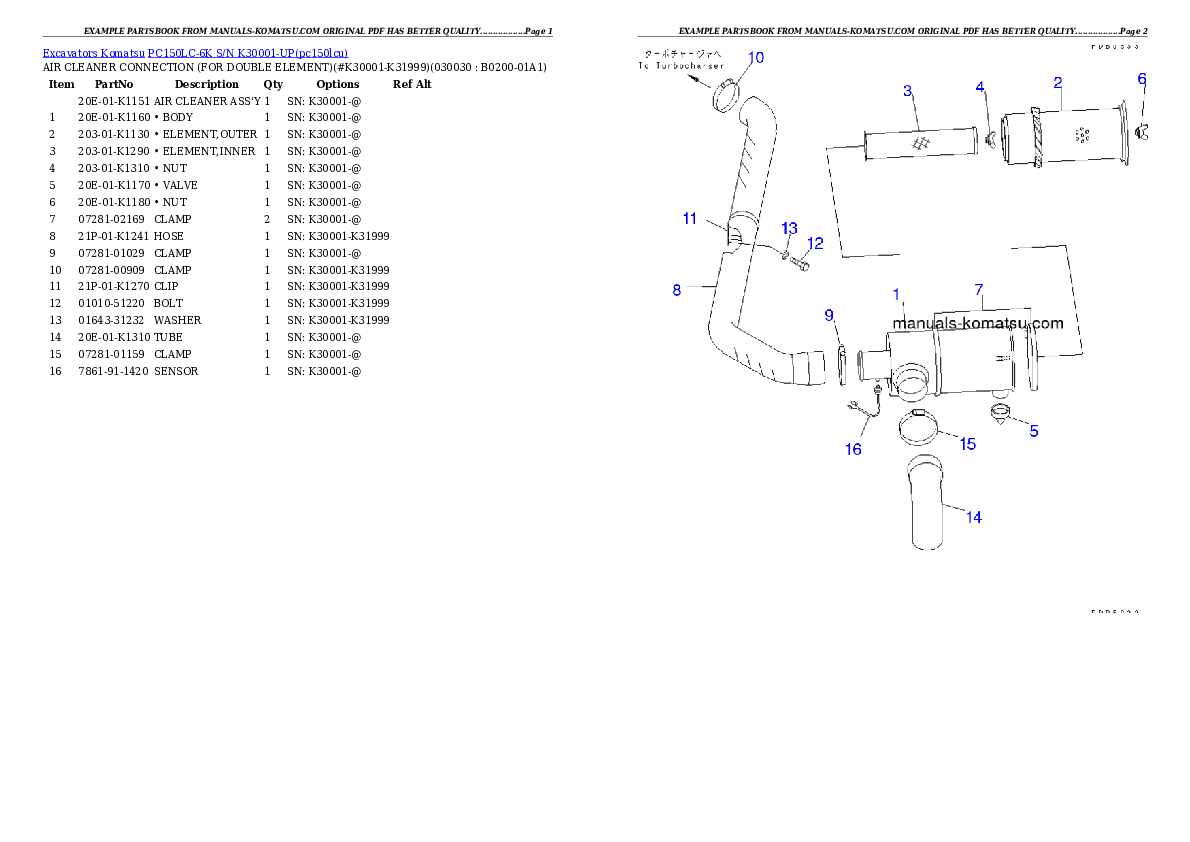 PC150LC-6K S/N K30001-UP Partsbook