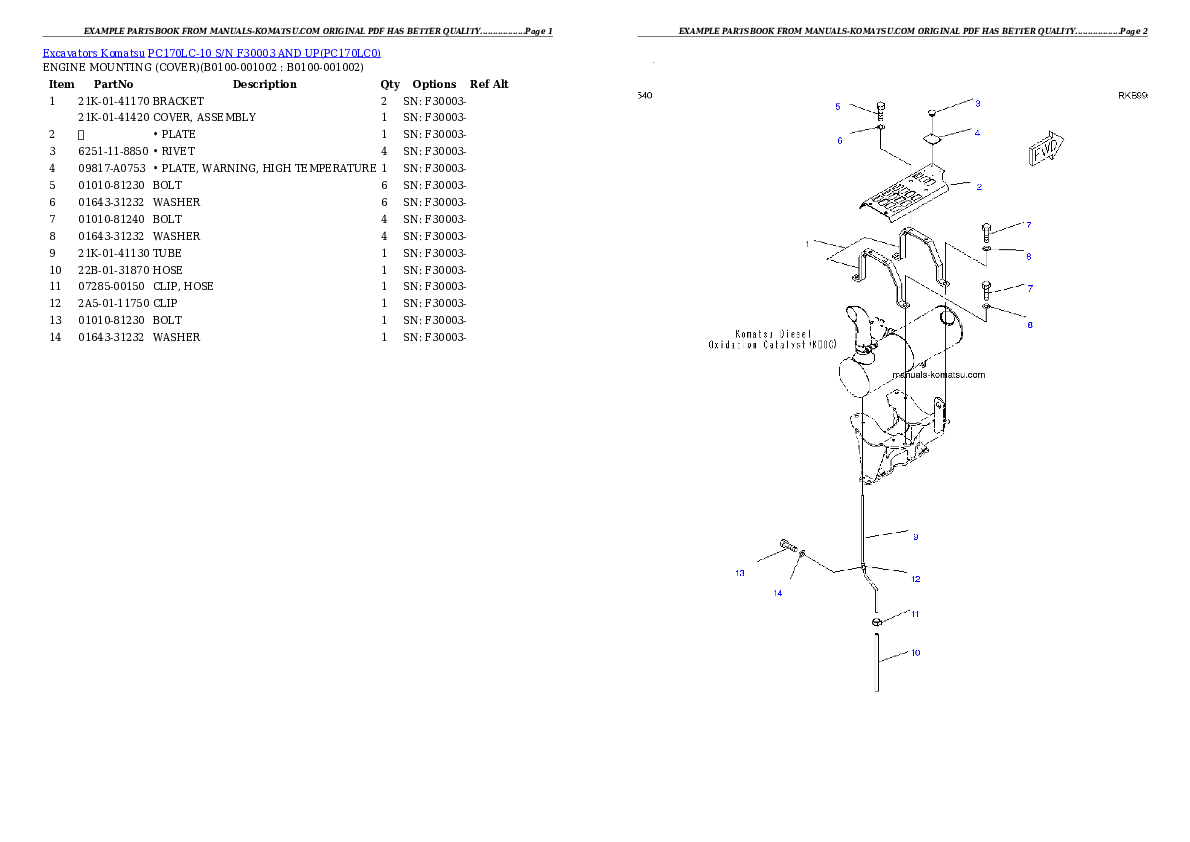 PC170LC-10 S/N F30003 AND UP Partsbook