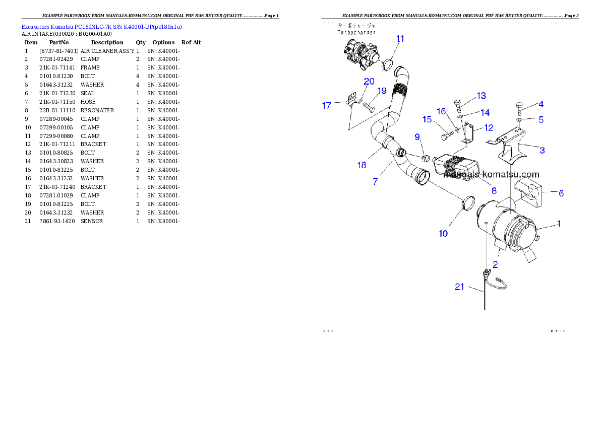 PC180NLC-7K S/N K40001-UP Partsbook