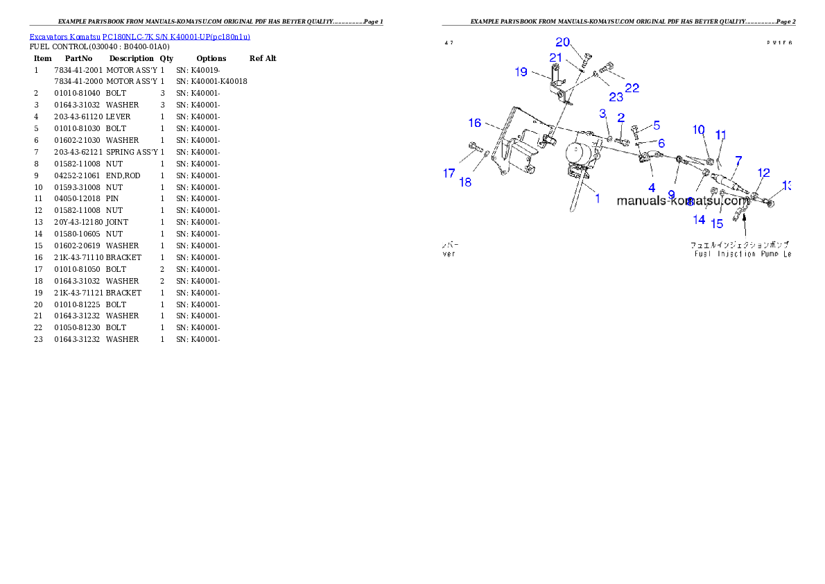 Protected: PC180NLC-7K S/N K40001-UP Partsbook