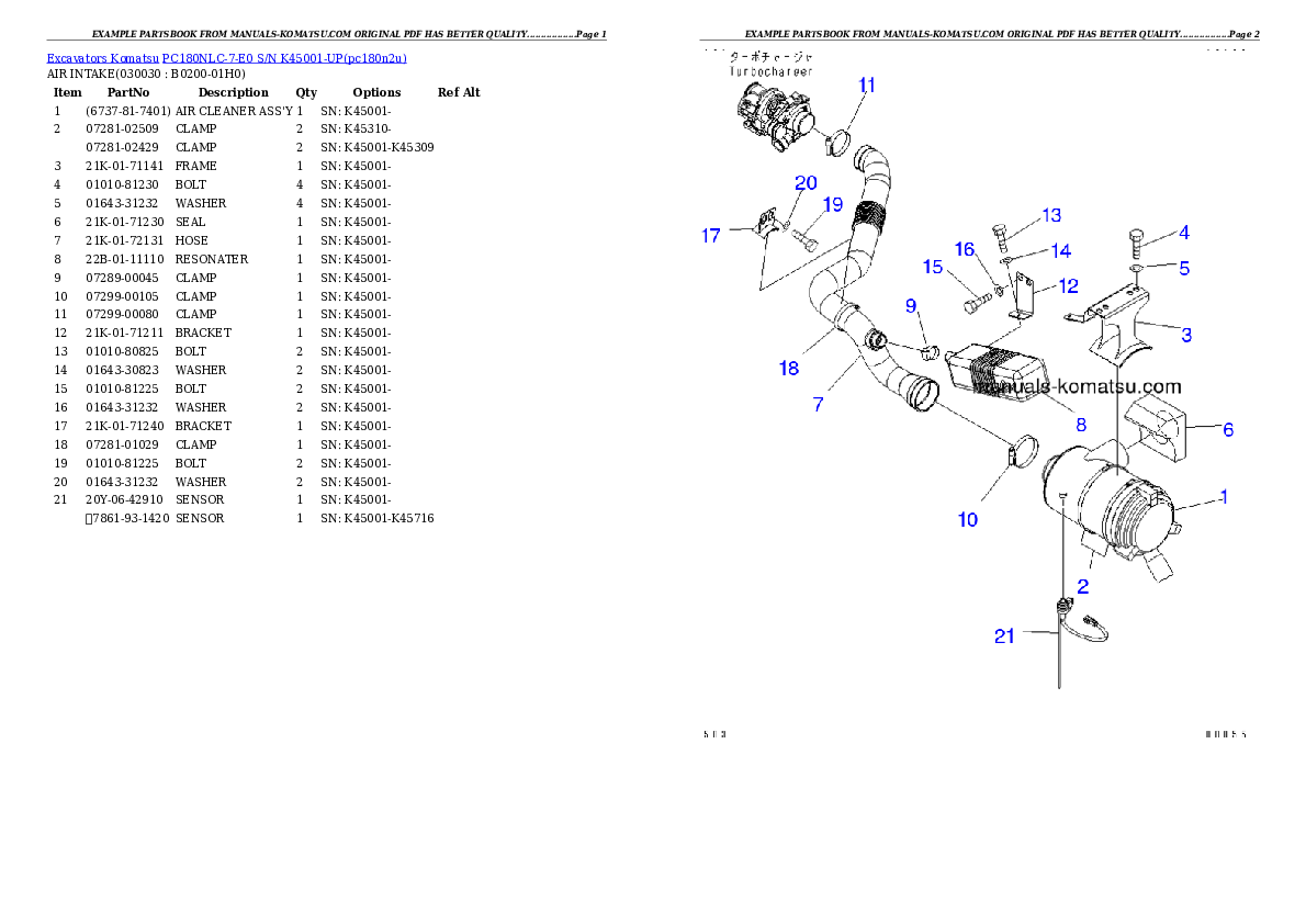 PC180NLC-7-E0 S/N K45001-UP Partsbook