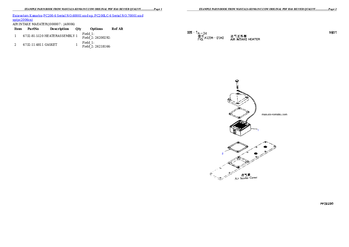 Protected: PC200-6 Serial NO.60001 and up, PC200LC-6 Serial NO.70001 and up Partsbook