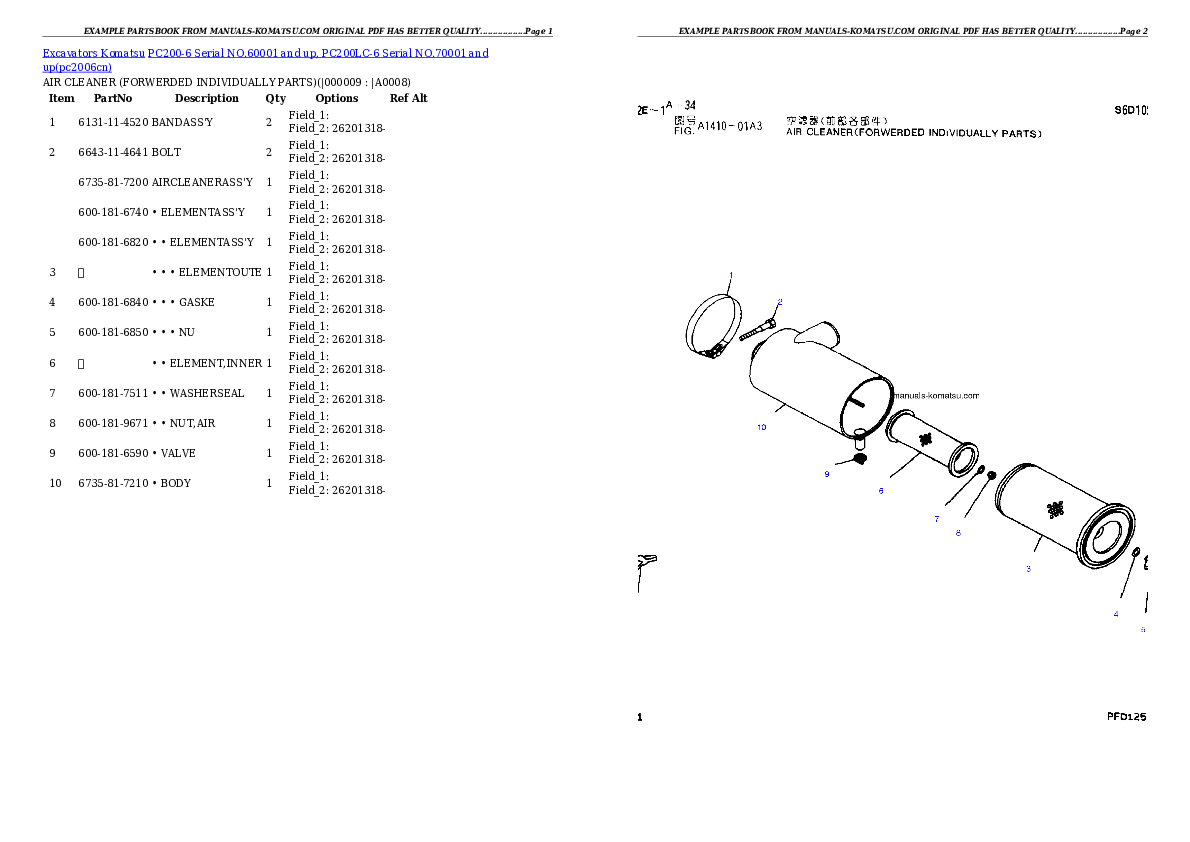 Protected: PC200-6 Serial NO.60001 and up, PC200LC-6 Serial NO.70001 and up Partsbook