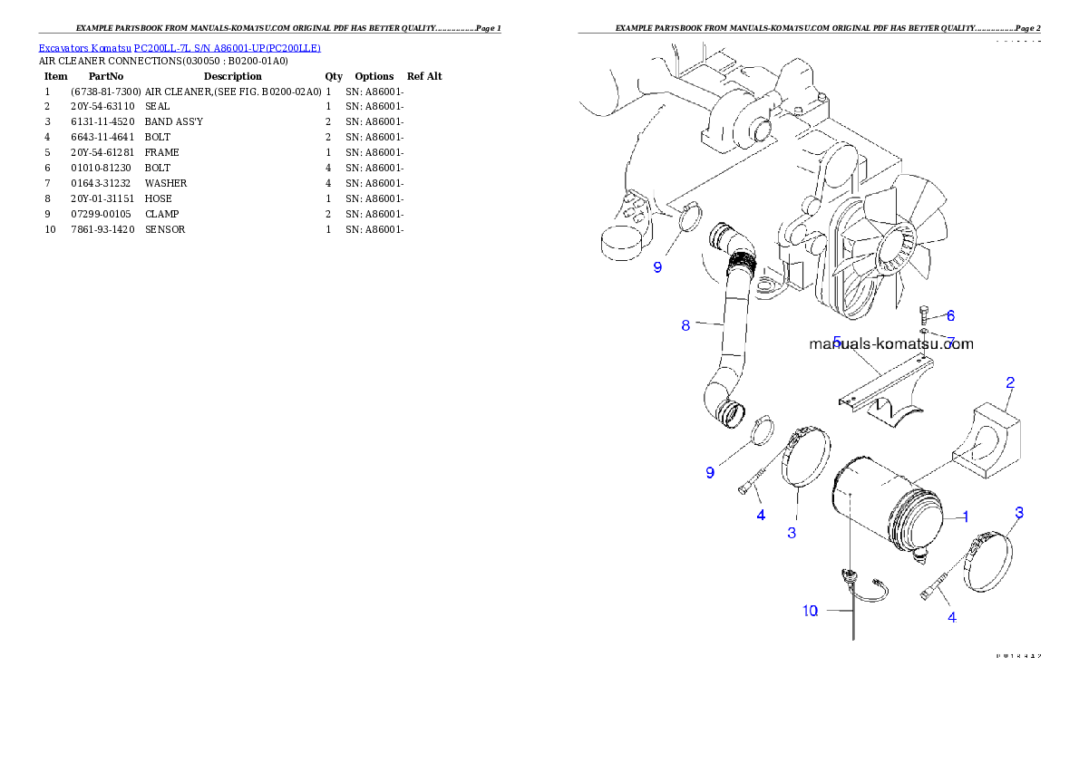 Protected: PC200LL-7L S/N A86001-UP Partsbook