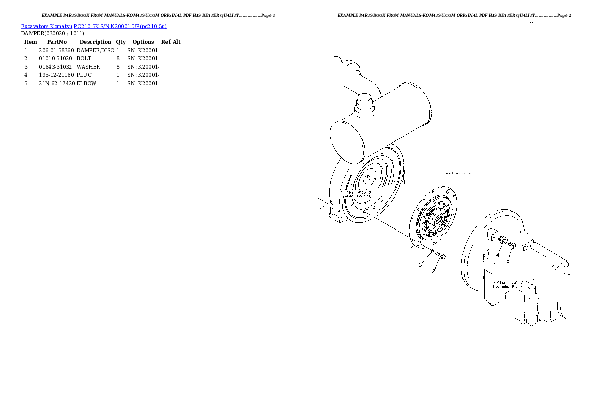 PC210-5K S/N K20001-UP Partsbook