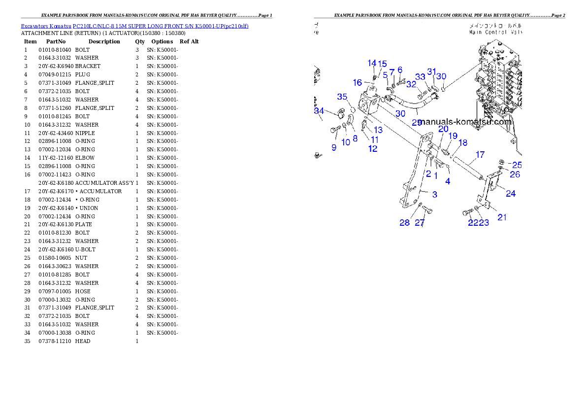 PC210LC/NLC-8 15M SUPER LONG FRONT S/N K50001-UP Partsbook