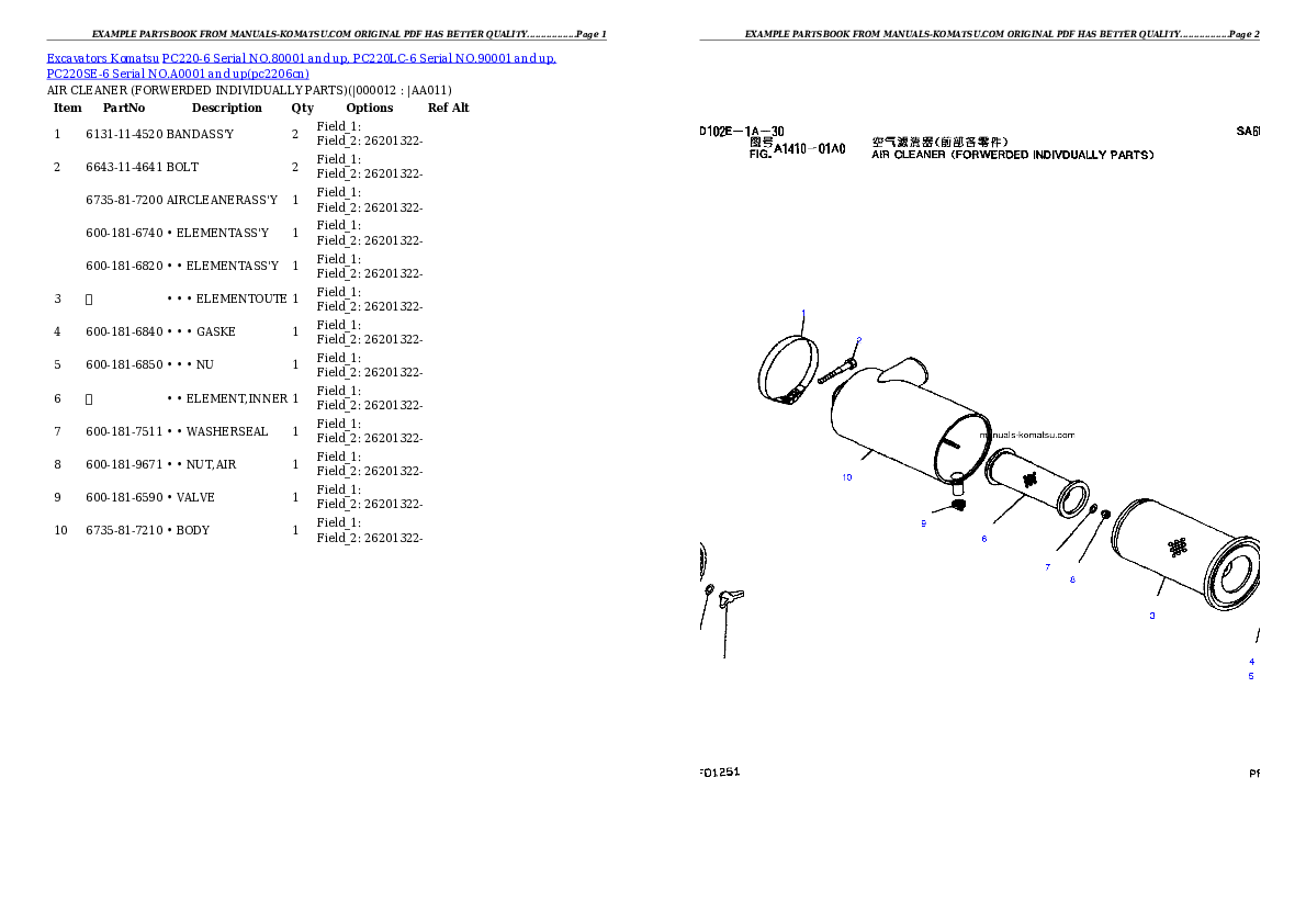 Protected: PC220-6 Serial NO.80001 and up, PC220LC-6 Serial NO.90001 and up, PC220SE-6 Serial NO.A0001 and up Partsbook