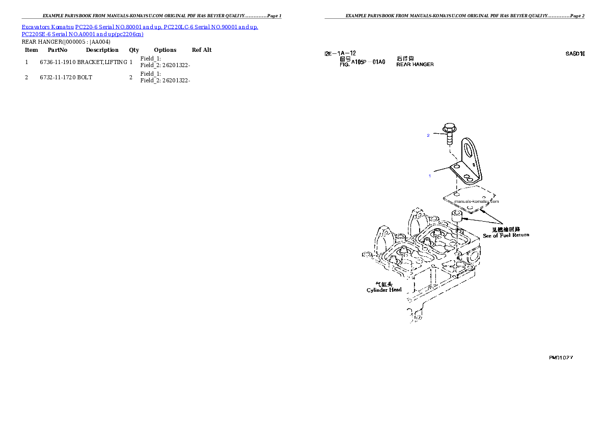 Protected: PC220-6 Serial NO.80001 and up, PC220LC-6 Serial NO.90001 and up, PC220SE-6 Serial NO.A0001 and up Partsbook