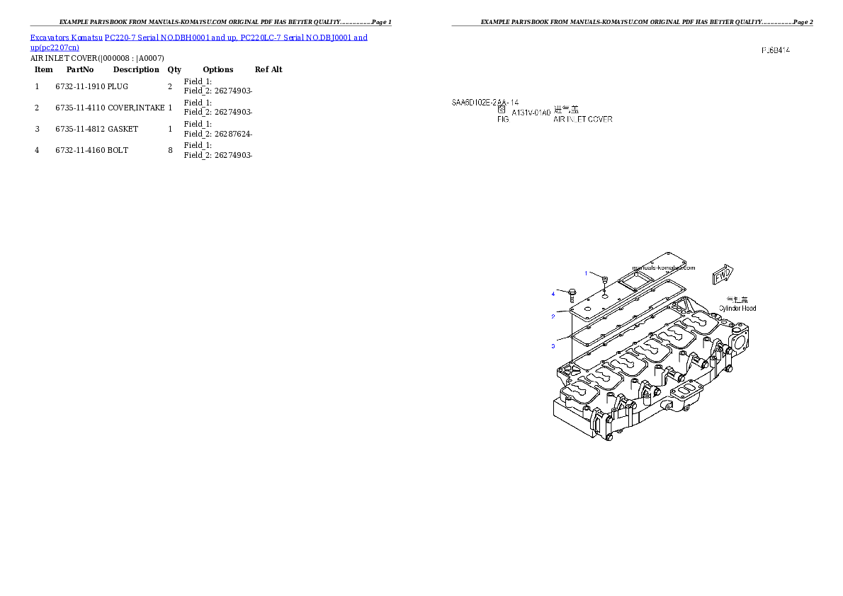 Protected: PC220-7 Serial NO.DBH0001 and up, PC220LC-7 Serial NO.DBJ0001 and up Partsbook