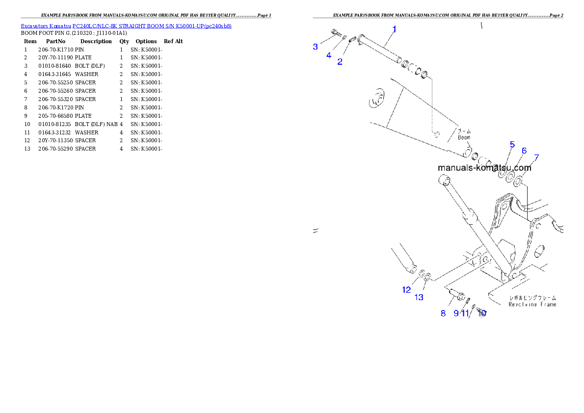 Protected: PC240LC/NLC-8K STRAIGHT BOOM S/N K50001-UP Partsbook