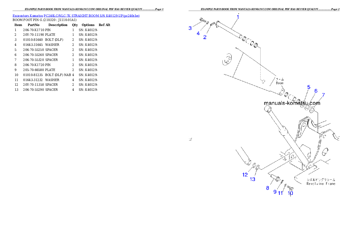 Protected: PC240LC/NLC-7K STRAIGHT BOOM S/N K40129-UP Partsbook
