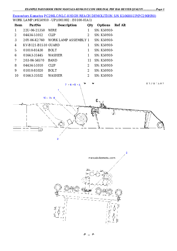 PC290LC/NLC-8 HIGH REACH DEMOLITION S/N K50680-UP Partsbook