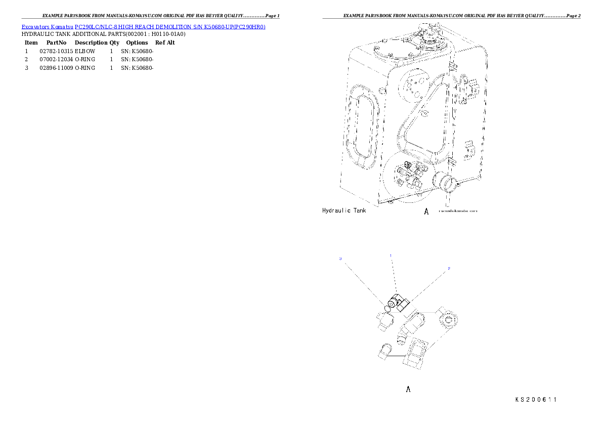 PC290LC/NLC-8 HIGH REACH DEMOLITION S/N K50680-UP Partsbook