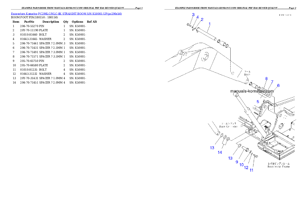 PC290LC/NLC-8K STRAIGHT BOOM S/N K50001-UP Partsbook