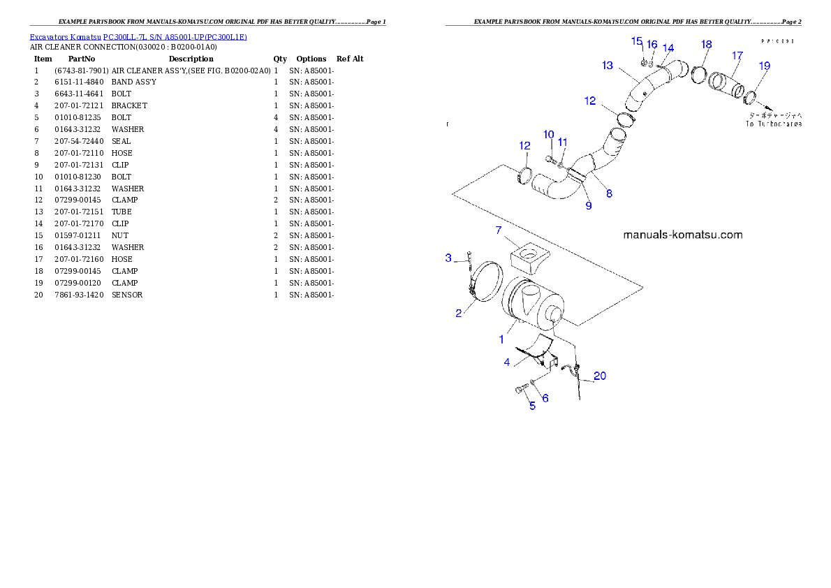 PC300LL-7L S/N A85001-UP Partsbook