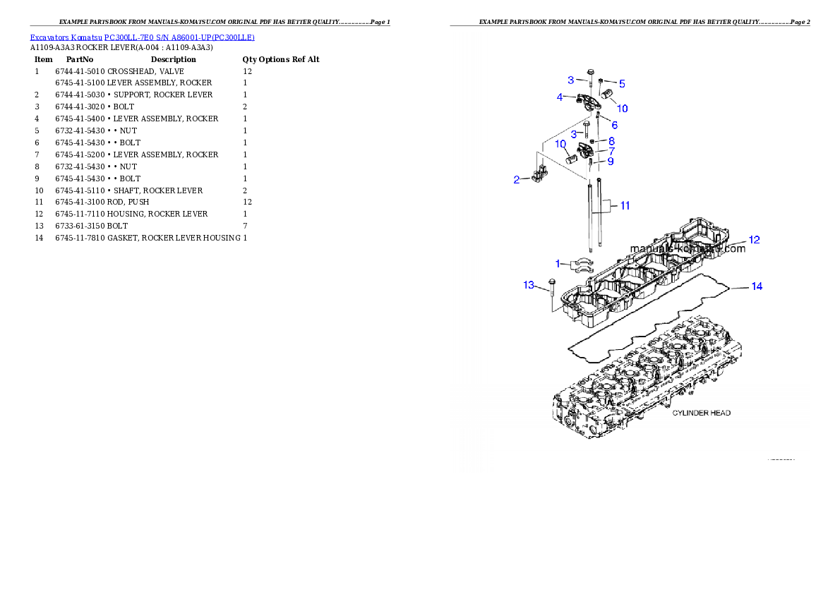 PC300LL-7E0 S/N A86001-UP Partsbook