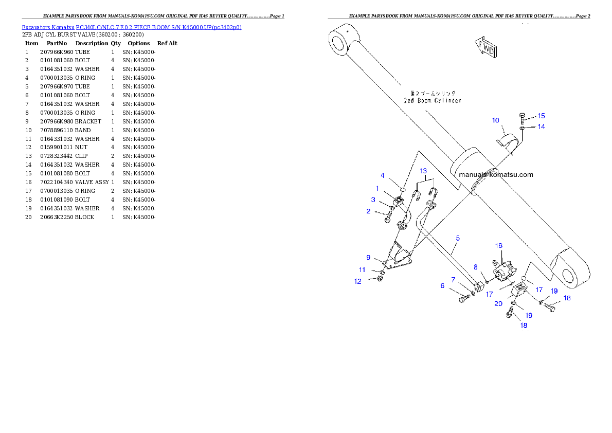 Protected: PC340LC/NLC-7 E0 2 PIECE BOOM  S/N K45000-UP Partsbook